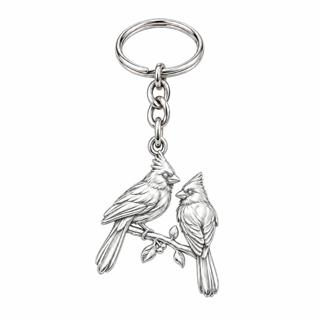 Winter Cardinal Pair Charm Keychain – silver, front view