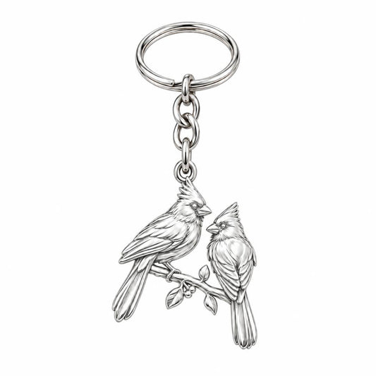 Winter Cardinal Pair Charm Keychain – silver, front view