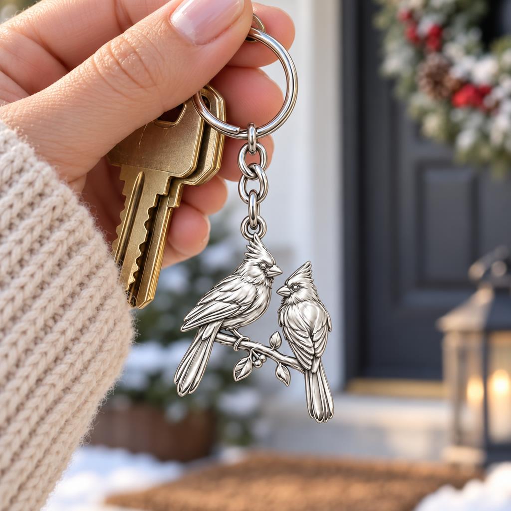 Winter Cardinal Pair Charm Keychain – worn / in use