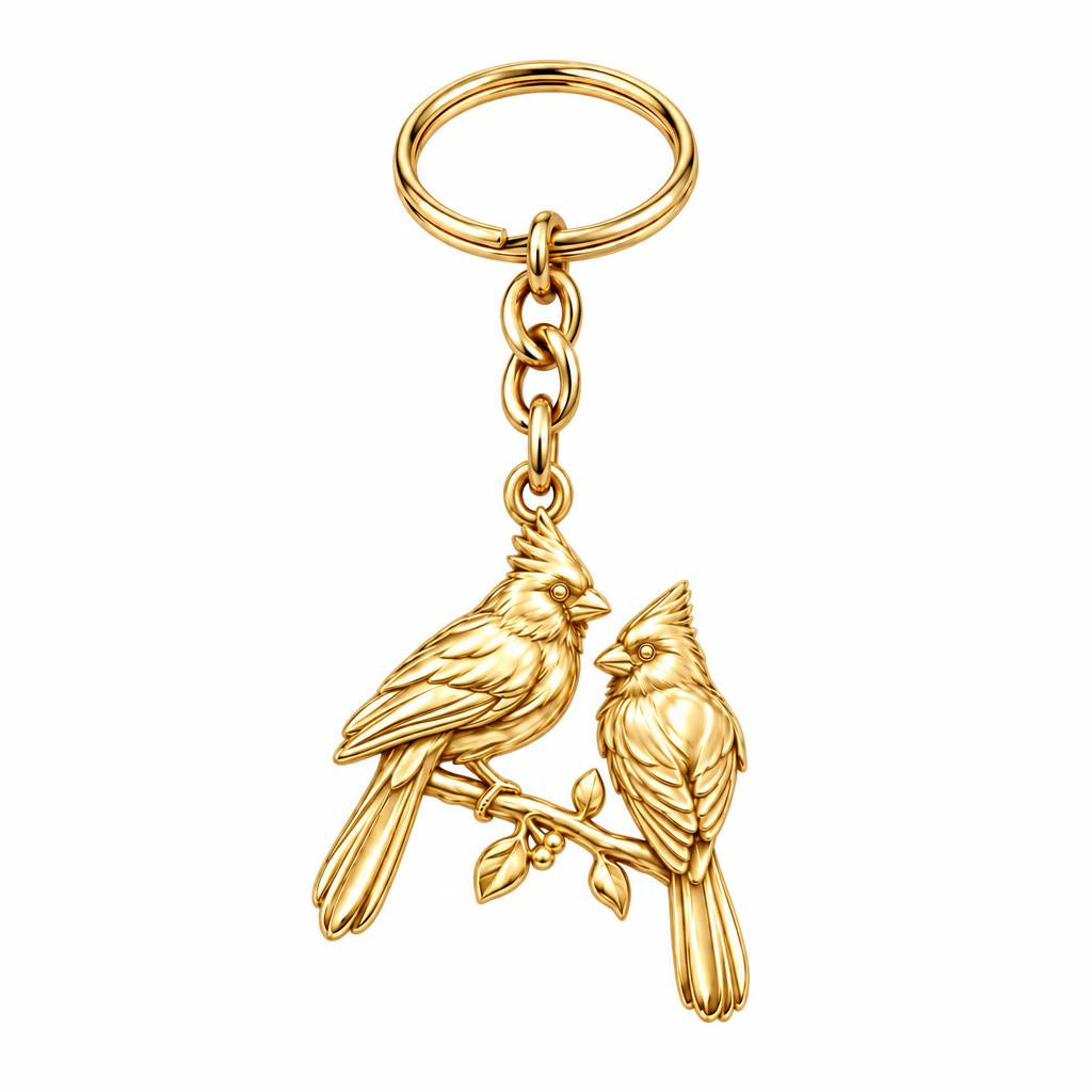 Winter Cardinal Pair Charm Keychain – 18K gold, front view