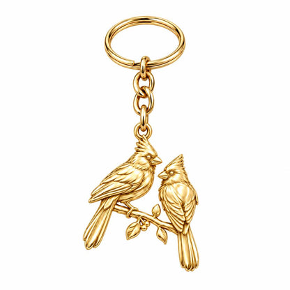 Winter Cardinal Pair Charm Keychain – 18K gold, front view