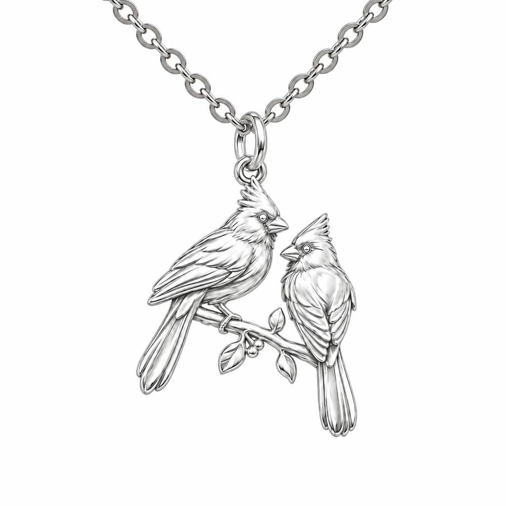 Winter Cardinal Pair Charm Necklace Set – silver, front view