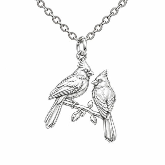 Winter Cardinal Pair Charm Necklace Set – silver, front view