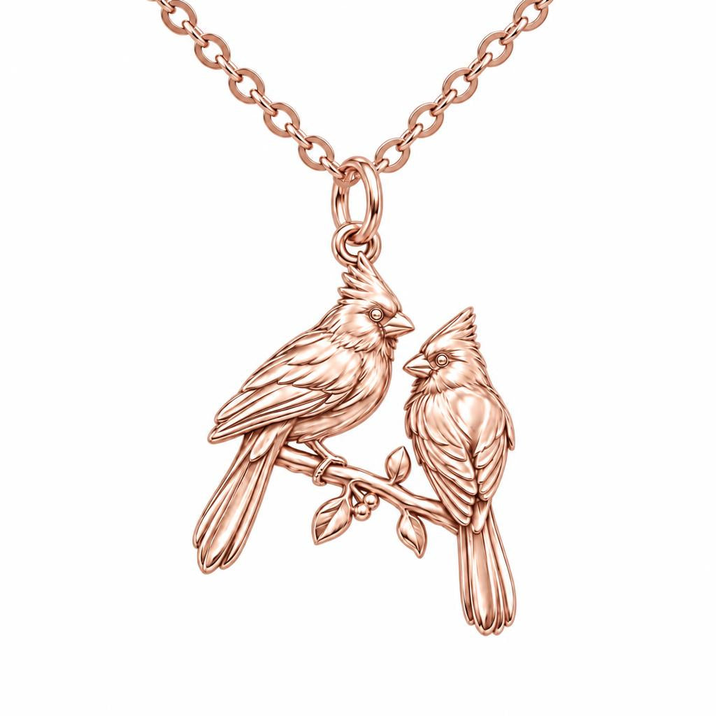 Winter Cardinal Pair Charm Necklace Set – rose gold, front view