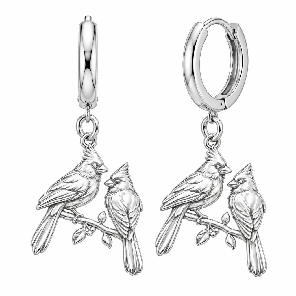 Winter Cardinal Pair Huggie Charm Earrings – silver, front view