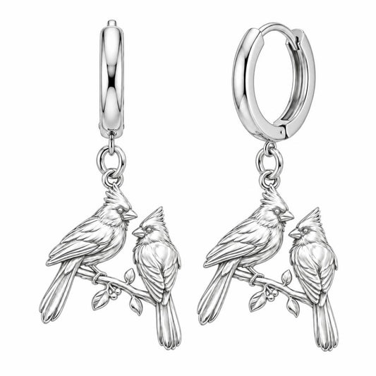 Winter Cardinal Pair Huggie Charm Earrings – silver, front view