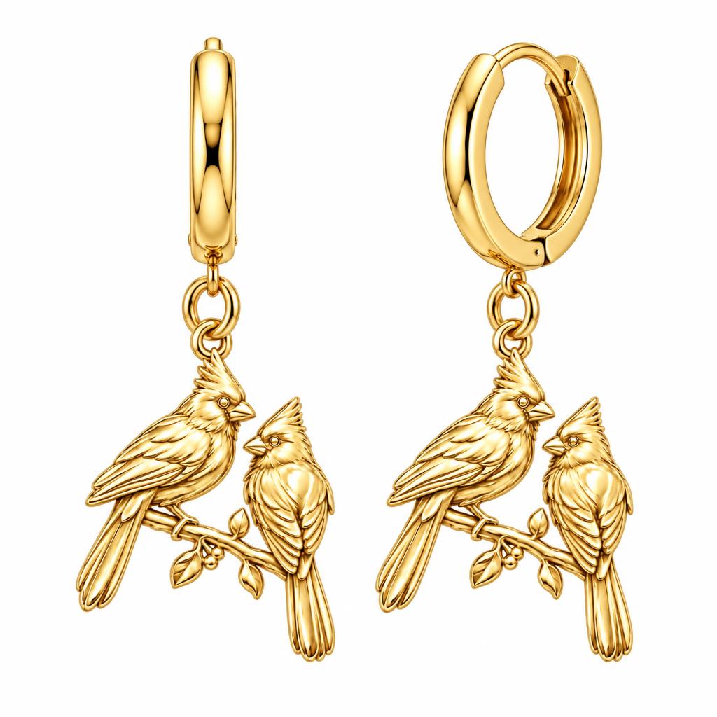 Winter Cardinal Pair Huggie Charm Earrings – 18K gold, front view