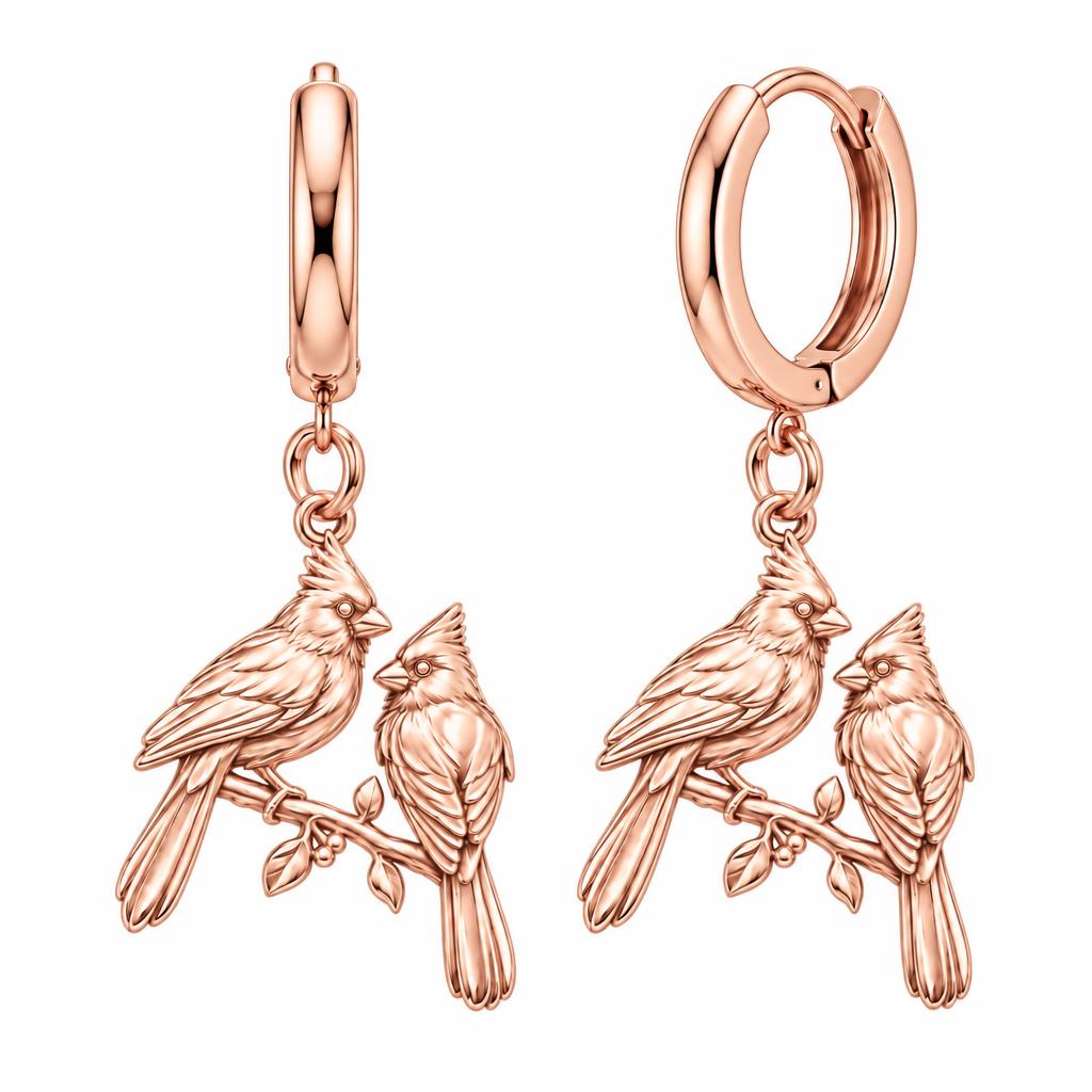 Winter Cardinal Pair Huggie Charm Earrings – rose gold, front view