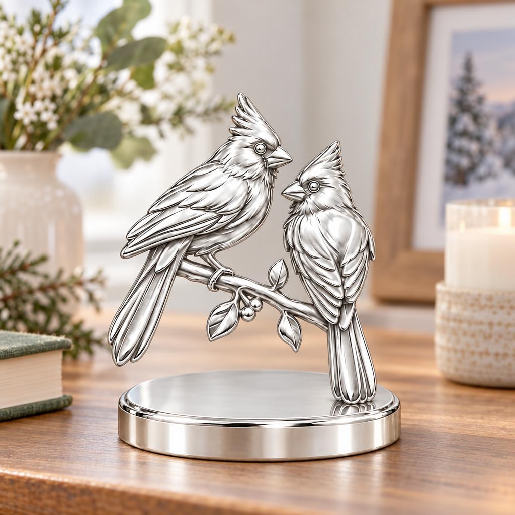 Winter Cardinal Pair Keepsake Plaque – worn / in use