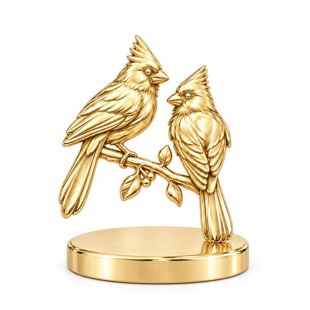 Winter Cardinal Pair Keepsake Plaque – 18K gold, front view
