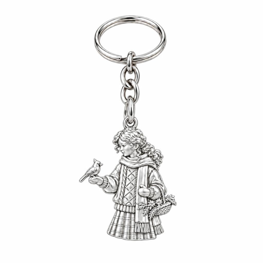 Winter Cardinal Whisper Charm Keychain – silver, front view
