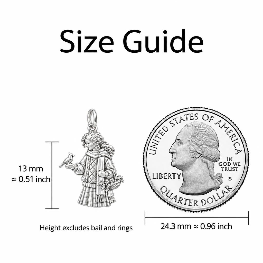 Winter Cardinal Whisper Charm Keychain – size guide, 13 mm charm next to a quarter