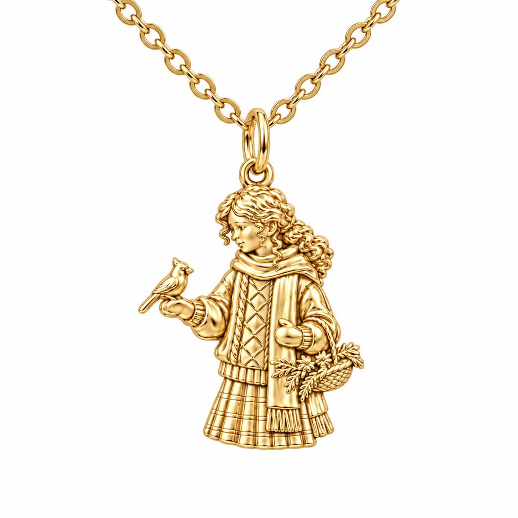 Winter Cardinal Whisper Charm Necklace Set – 18K gold, front view