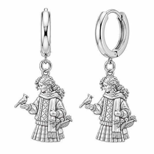 Winter Cardinal Whisper Huggie Charm Earrings – silver, front view