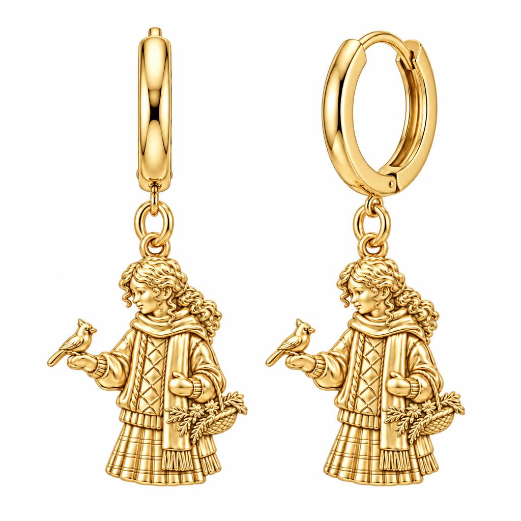 Winter Cardinal Whisper Huggie Charm Earrings – 18K gold, front view