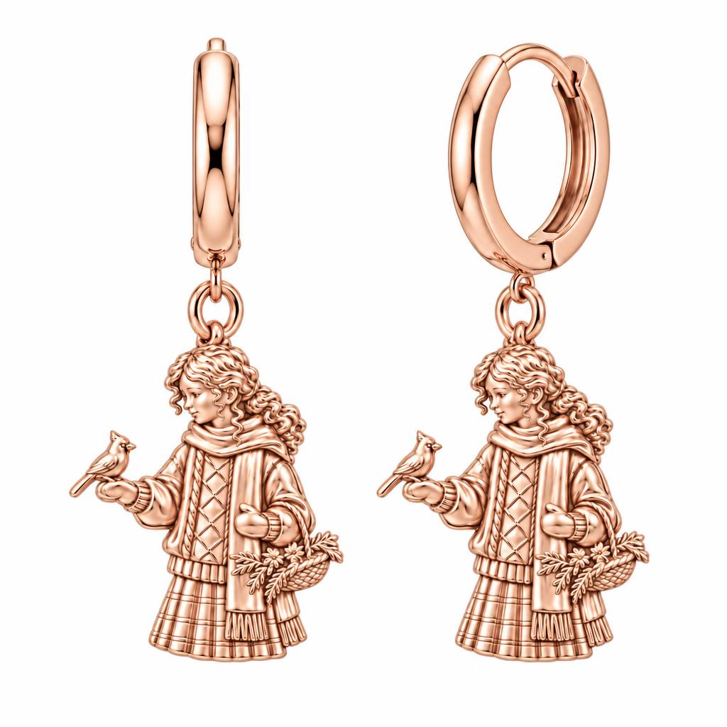 Winter Cardinal Whisper Huggie Charm Earrings – rose gold, front view