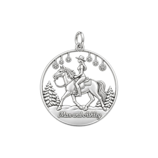 Winter Equestrian Trail Charm Bracelet – Personalized Rider Gift – silver plated 3 cm charm, front view