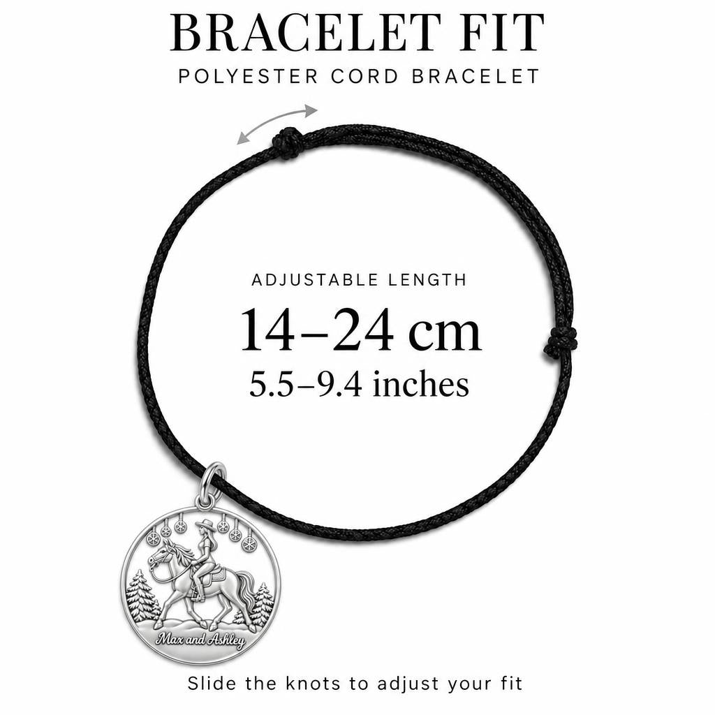Winter Equestrian Trail Charm Bracelet – Personalized Rider Gift – adjustable black cord bracelet, 14–24 cm