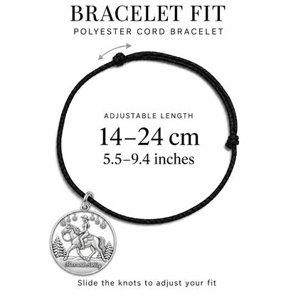 Winter Equestrian Trail Charm Bracelet – Personalized Rider Gift – adjustable black cord bracelet, 14–24 cm