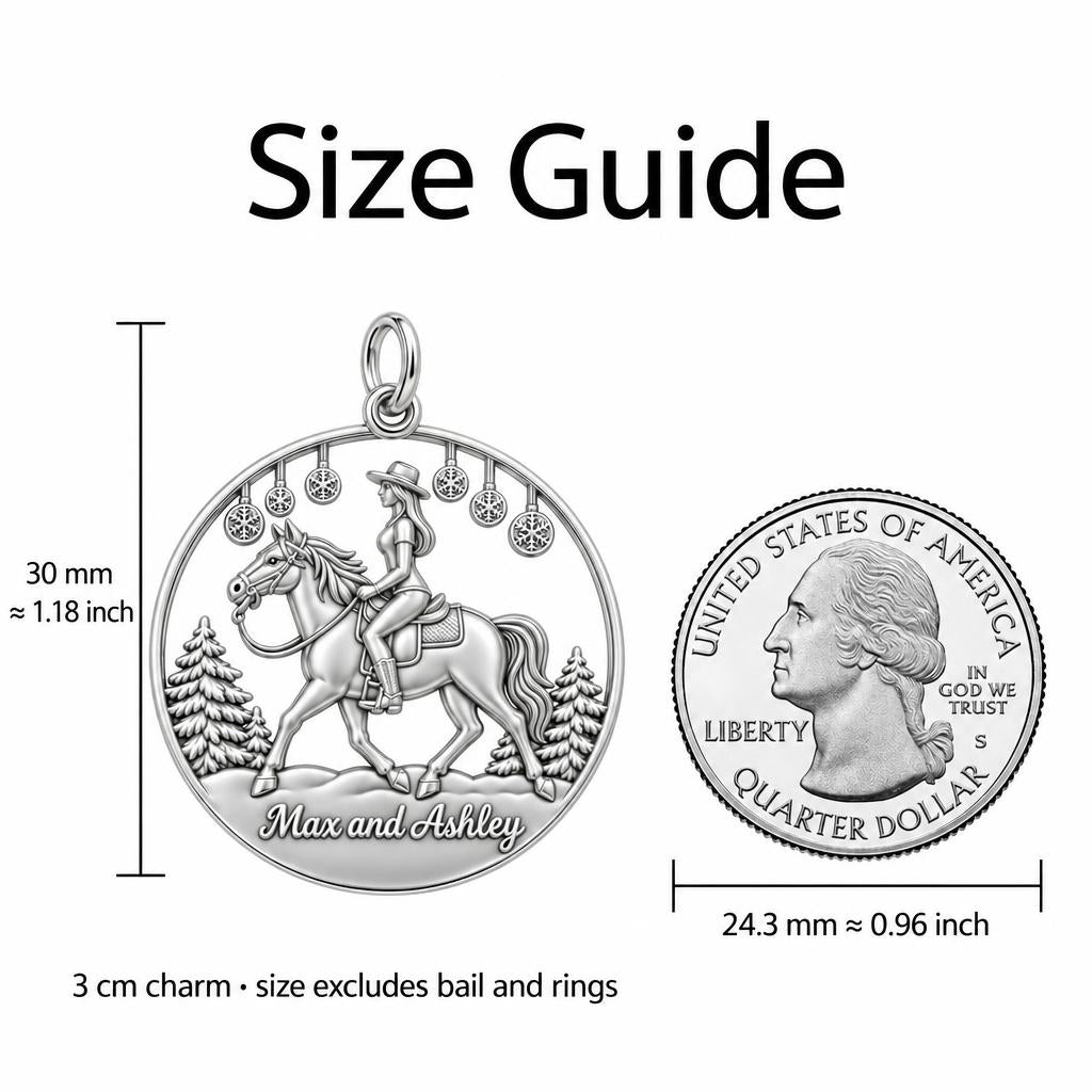 Winter Equestrian Trail Charm Bracelet – Personalized Rider Gift – size guide, 3 cm charm next to a quarter