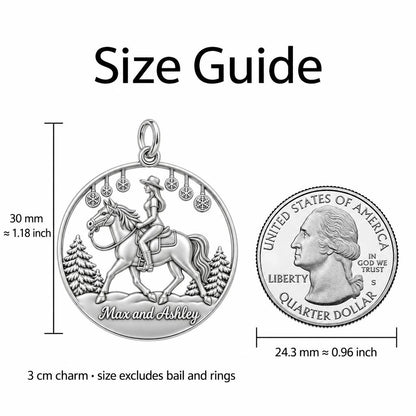 Winter Equestrian Trail Charm Bracelet – Personalized Rider Gift – size guide, 3 cm charm next to a quarter