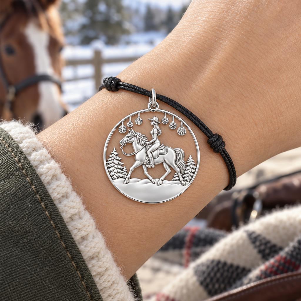 Winter Equestrian Trail Charm Bracelet – Personalized Rider Gift – worn on the wrist on a black cord bracelet