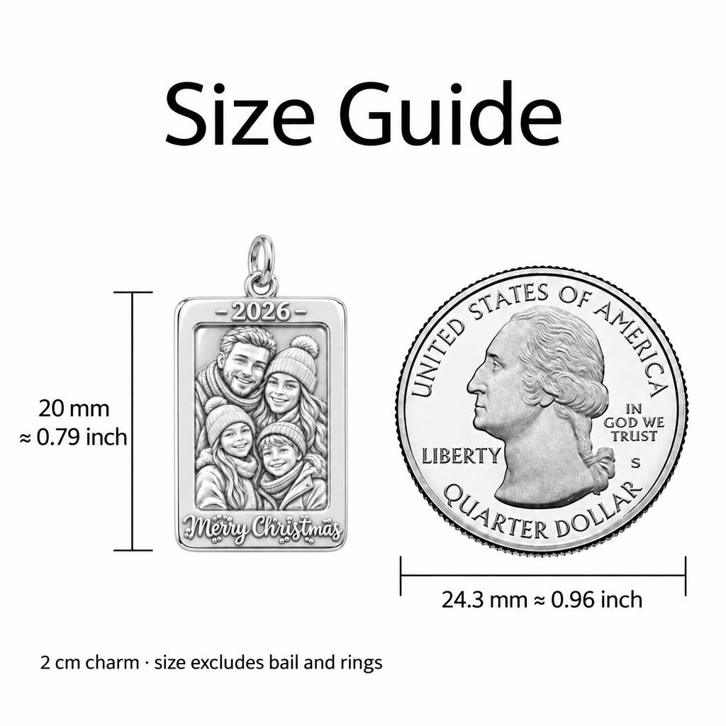 Winter Family Frame Charm Bracelet – Personalized Mom Gift – size guide, 2 cm charm next to a quarter