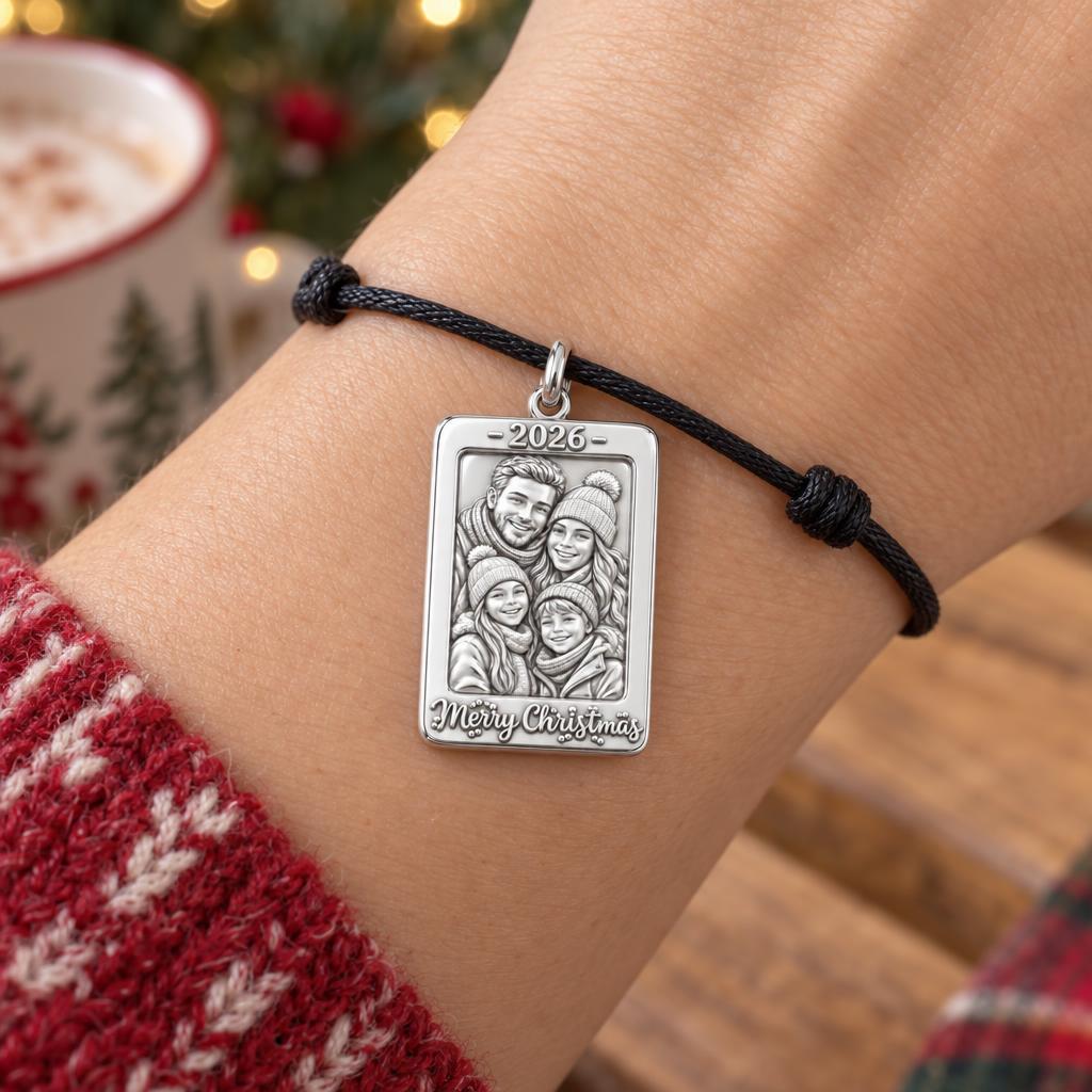 Winter Family Frame Charm Bracelet – Personalized Mom Gift – worn on the wrist on a black cord bracelet