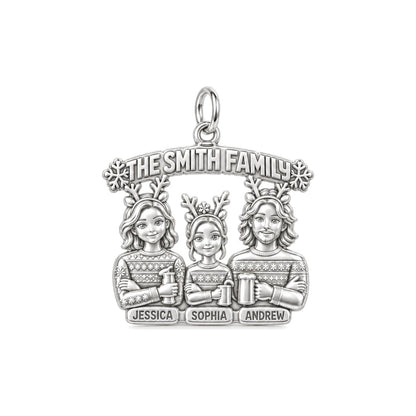 Winter Family Portrait Charm Bracelet – Personalized Family Gift – silver plated 3 cm charm, front view