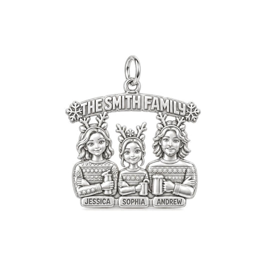 Winter Family Portrait Charm Bracelet – Personalized Family Gift – silver plated 3 cm charm, front view
