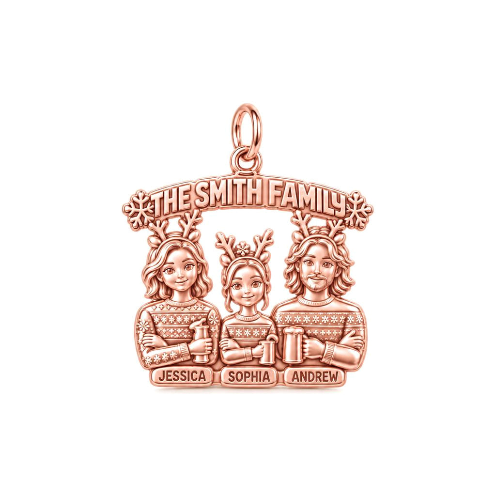 Winter Family Portrait Charm Bracelet – Personalized Family Gift – rose gold 3 cm charm, front view