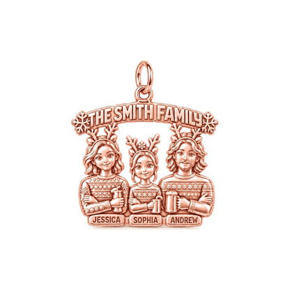 Winter Family Portrait Charm Bracelet – Personalized Family Gift – rose gold 3 cm charm, front view