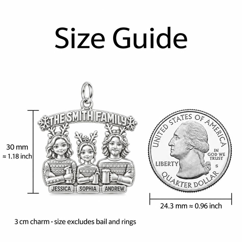 Winter Family Portrait Charm Bracelet – Personalized Family Gift – size guide, 3 cm charm next to a quarter