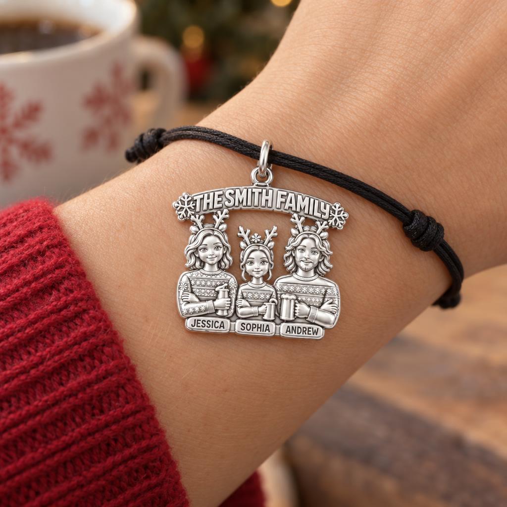 Winter Family Portrait Charm Bracelet – Personalized Family Gift – worn on the wrist on a black cord bracelet