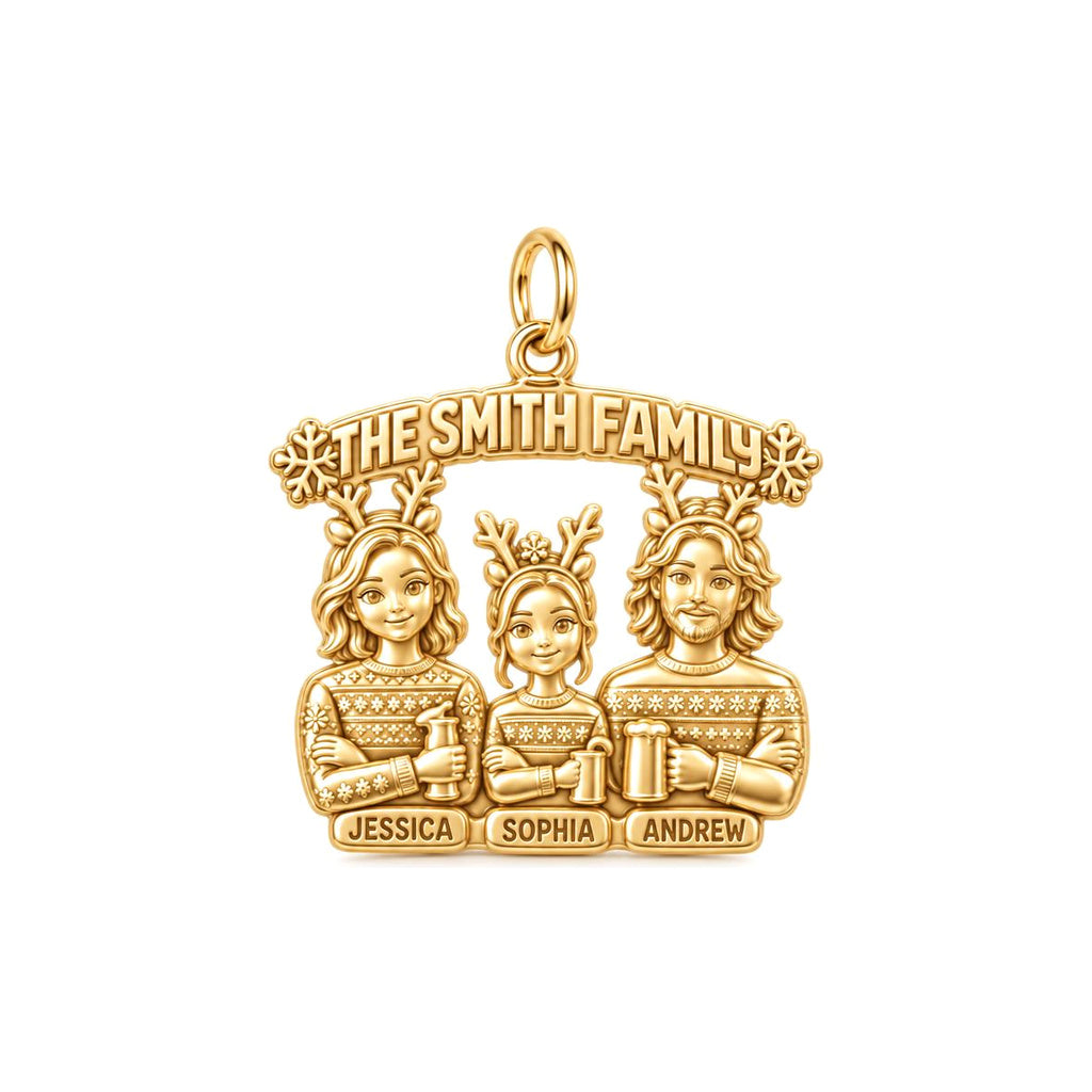 Winter Family Portrait Charm Bracelet – Personalized Family Gift – 18K gold plated 3 cm charm, front view
