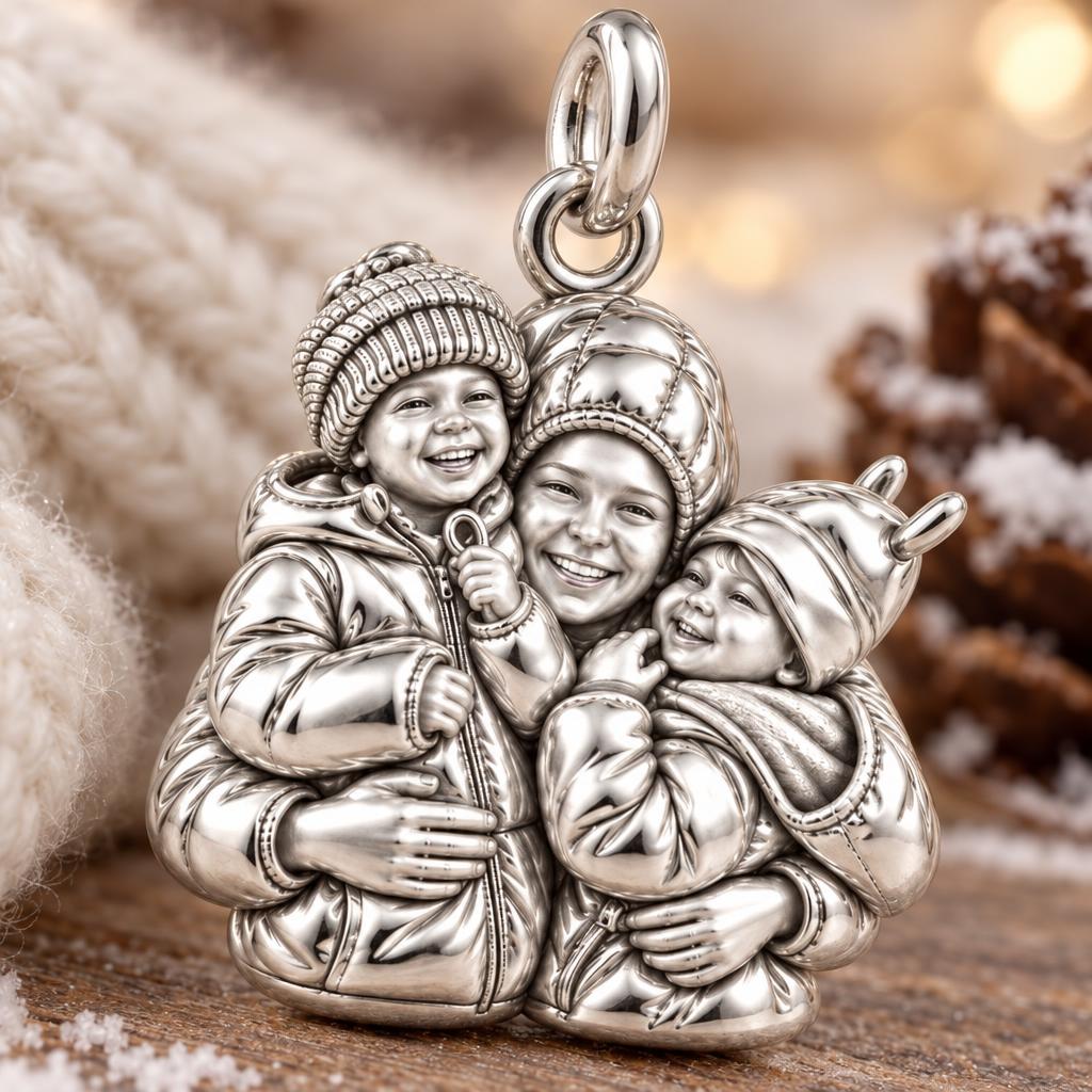 Winter Hug Portrait Charm Bracelet – Personalized Mom Gift – macro detail of the charm