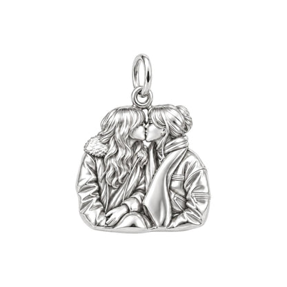 Winter Kiss Likeness Charm Bracelet – Personalized Couple Gift – silver charm, front view