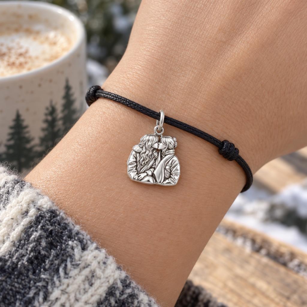 Winter Kiss Likeness Charm Bracelet – Personalized Couple Gift – worn on the wrist on a black cord bracelet