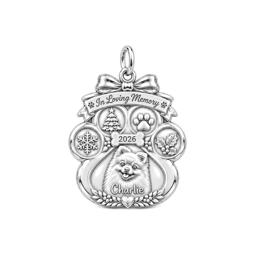 Winter Memorial Paw Charm Bracelet – Personalized Dog Mom Gift – silver plated 3 cm charm, front view