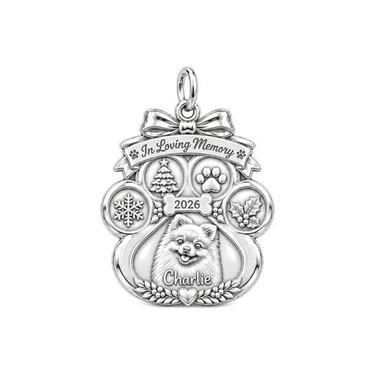Winter Memorial Paw Charm Bracelet – Personalized Dog Mom Gift – silver plated 3 cm charm, front view
