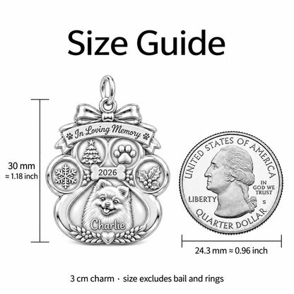 Winter Memorial Paw Charm Bracelet – Personalized Dog Mom Gift – size guide, 3 cm charm next to a quarter