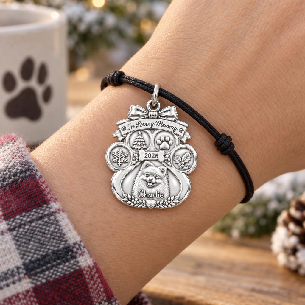 Winter Memorial Paw Charm Bracelet – Personalized Dog Mom Gift – worn on the wrist on a black cord bracelet