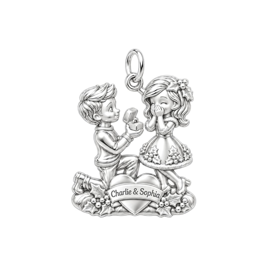 Winter Proposal Heart Charm Bracelet – Personalized Couple Gift – silver plated 3 cm charm, front view