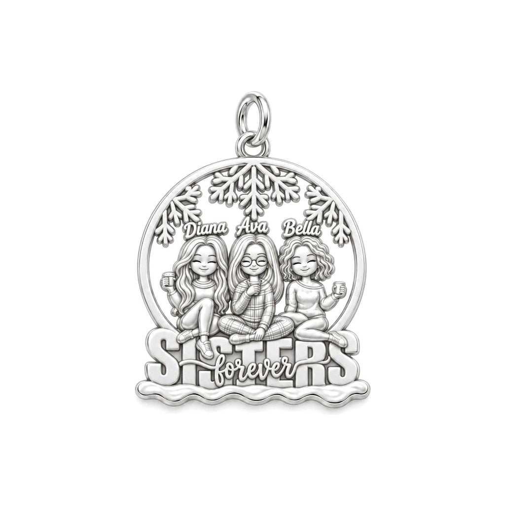 Winter Sisterhood Charm Bracelet – Personalized Sister Gift – silver plated 3 cm charm, front view