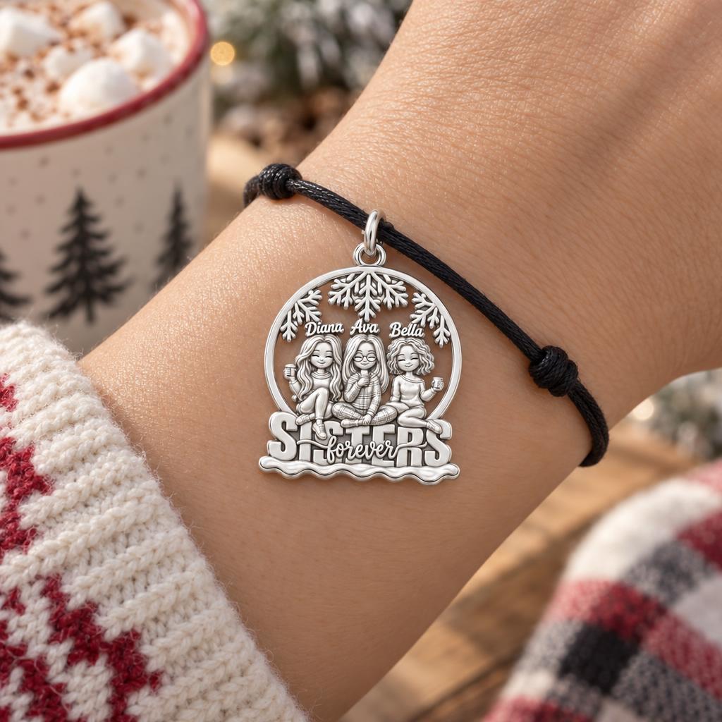 Winter Sisterhood Charm Bracelet – Personalized Sister Gift – worn on the wrist on a black cord bracelet