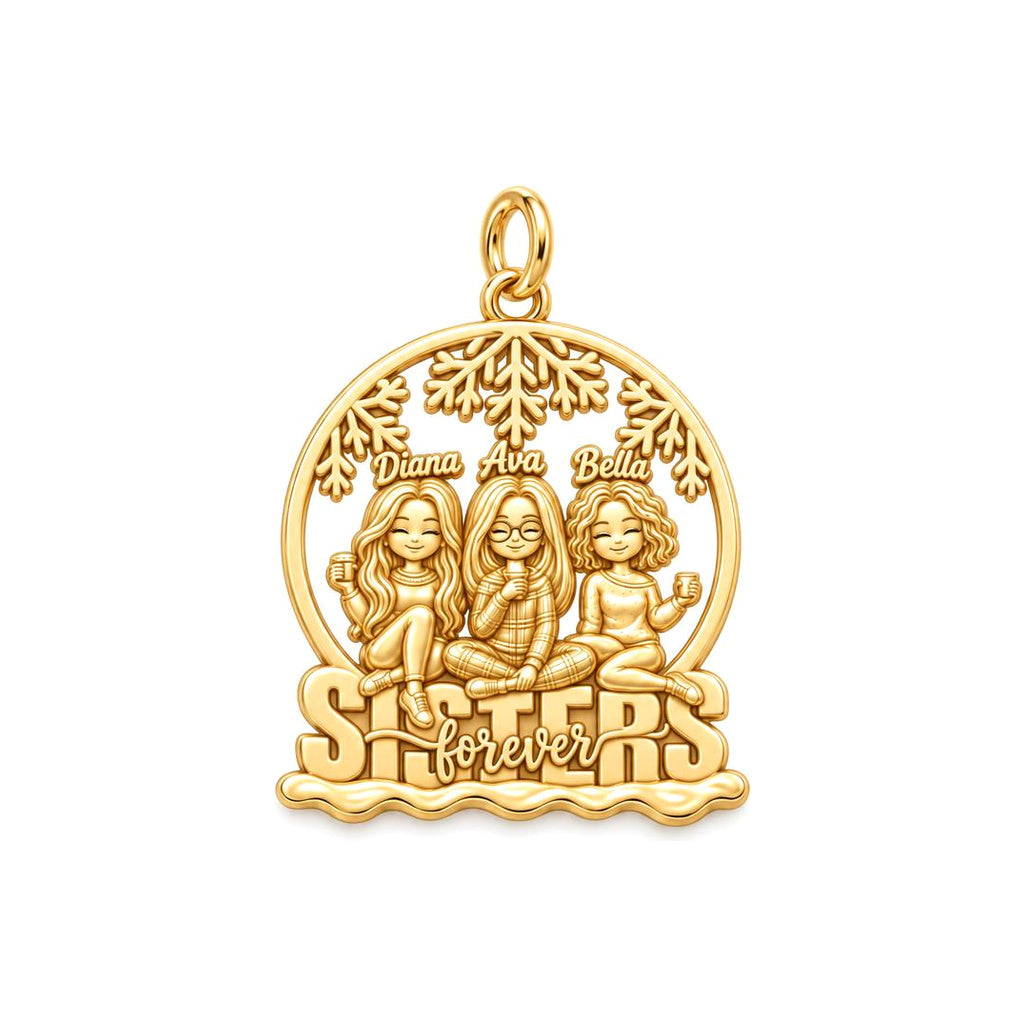 Winter Sisterhood Charm Bracelet – Personalized Sister Gift – 18K gold plated 3 cm charm, front view