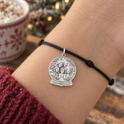 Winter Snow Globe Charm Bracelet – Personalized Mom Gift – worn on the wrist on a black cord bracelet