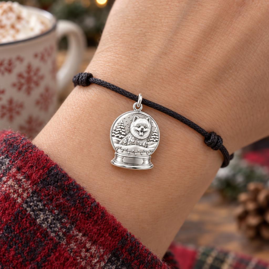 Winter Snow Globe Pup Charm Bracelet – Personalized Dog Mom Gift – worn on the wrist on a black cord bracelet