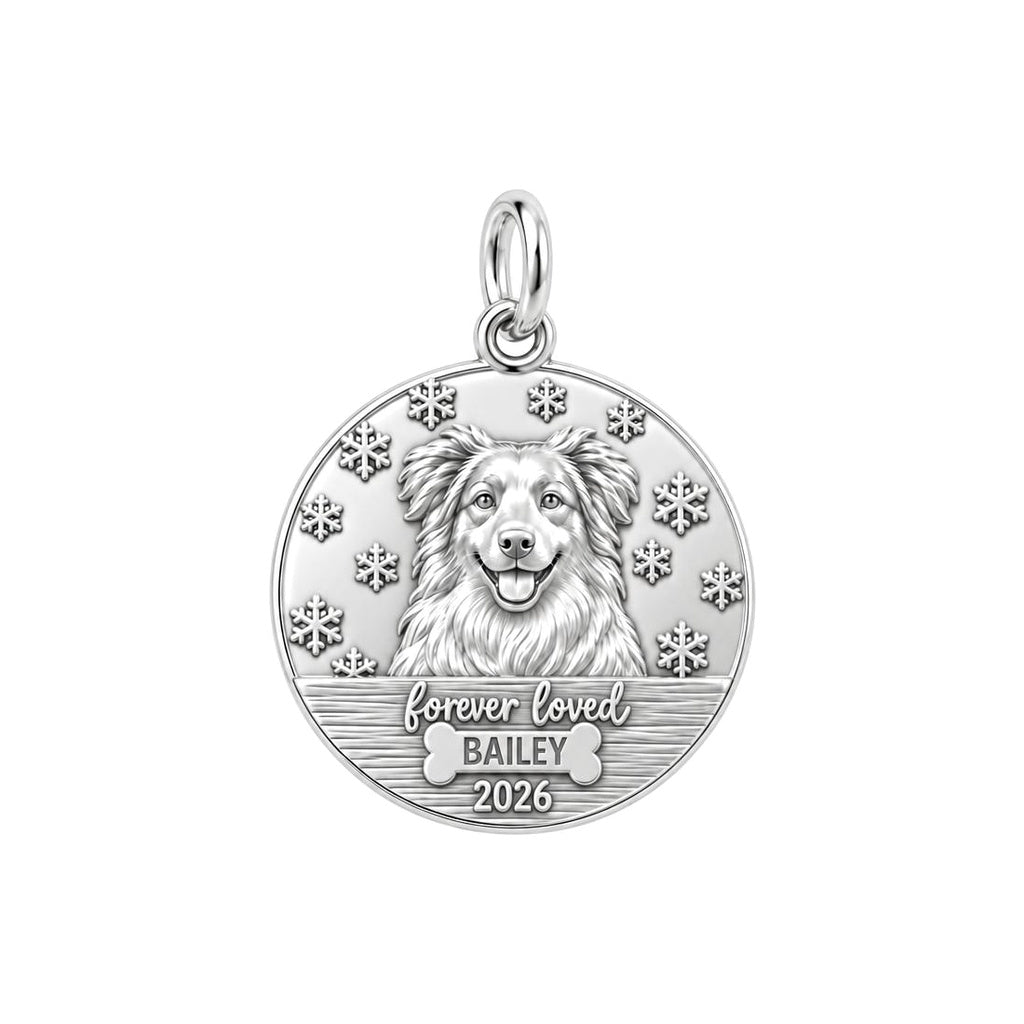 Winter Snowflake Pet Memorial Charm Bracelet – Personalized Dog Mom – silver plated 2 cm charm, front view