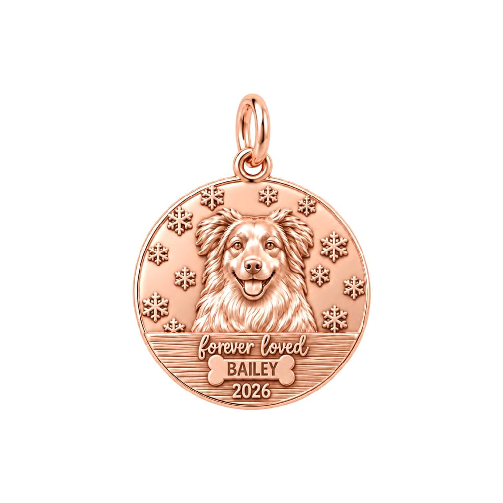 Winter Snowflake Pet Memorial Charm Bracelet – Personalized Dog Mom – rose gold 2 cm charm, front view